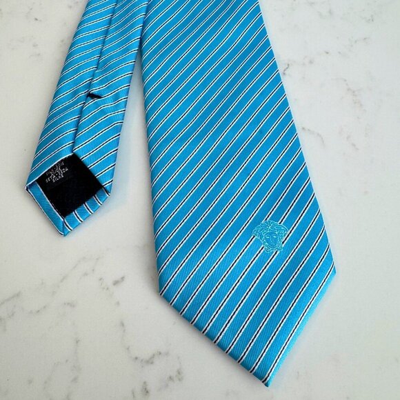 Versace Made in Italy Blue Stripe Silk Tie Medusa Logo | 100% Silk - Picture 8 of 8